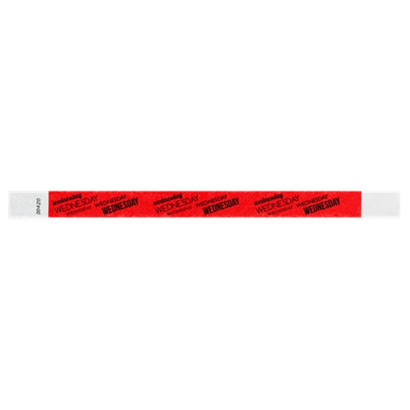 neon red tyvek wristband with wednesday text in black ink repeated