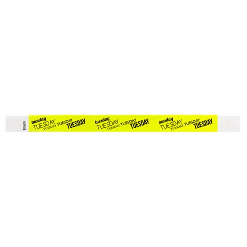 neon yellow tyvek wristband with tuesday text in black ink repeated