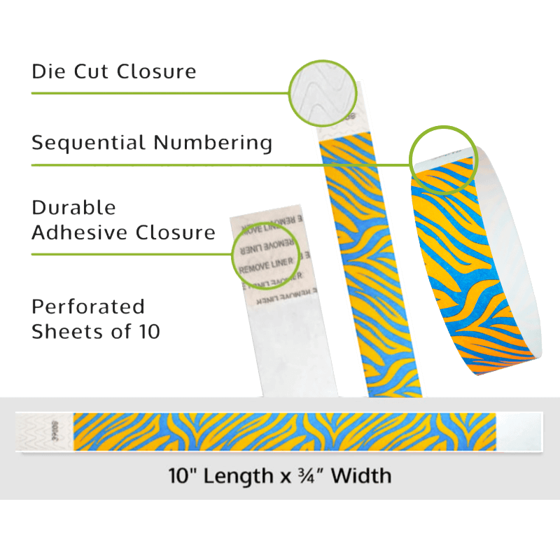 Product packaging for tyvek wristband with neon blue and neon orange zebra pattern, showing die cut closure, sequential numbering, durable adhesive closure, and perforated sheets of 10. Dimensions are 10" length x 3/4" width.