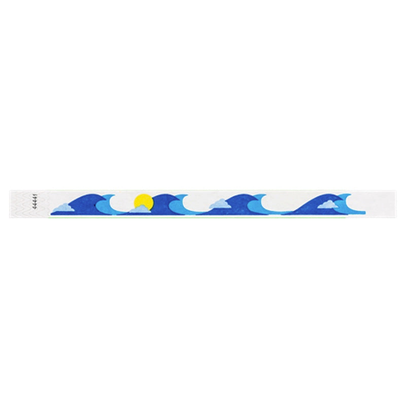 White tyvek wristband with blue wave and yellow sun design - flat version shown