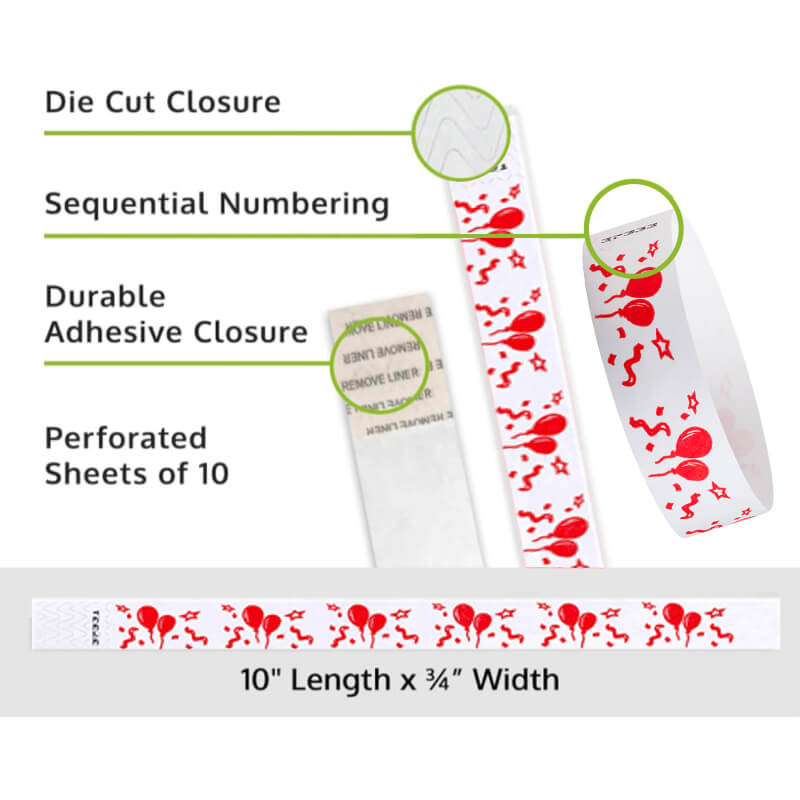 red balloons tyvek wristband detail product page showing the die cut adhesive closure, sequential numbering, perforated sheets of 10 and the dimensions.