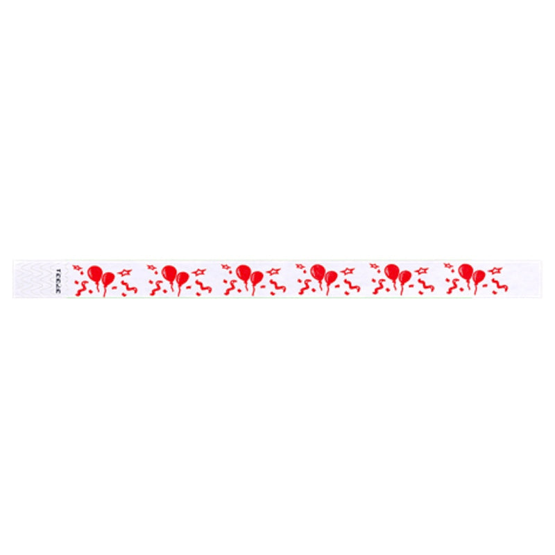 White tyvek wristband with red balloon and star pattern - flat version shown