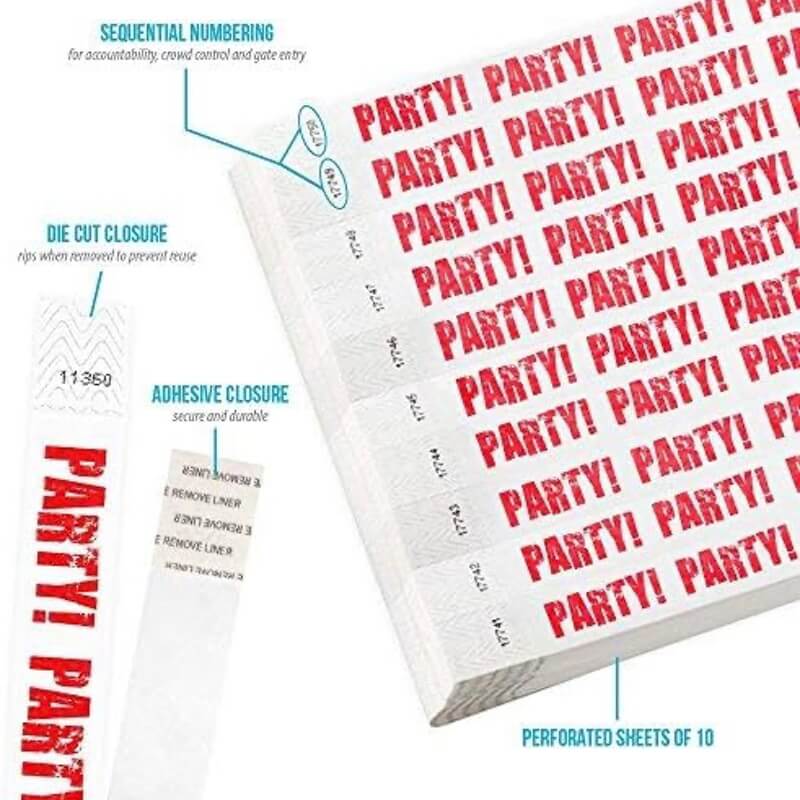red party tyvek wristband detail product page showing the die cut adhesive closure, sequential numbering, perforated sheets of 10 and the dimensions.