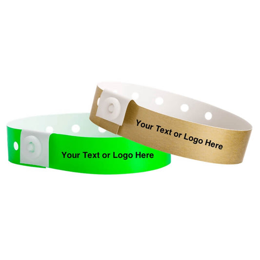 regular plastic wristbands shown in gold and neon green with a placeholder to show where you can customize the wristband
