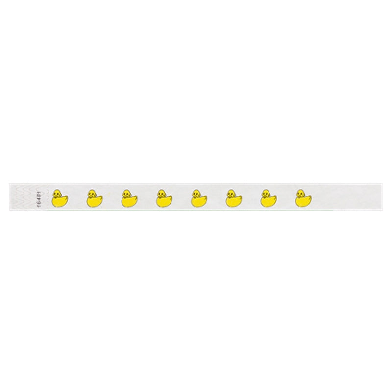 White tyvek wristband with yellow rubber duck illustrations - flat version shown