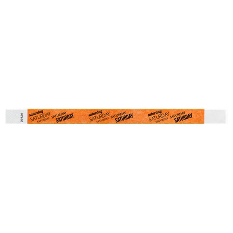 neon orange tyvek wristband with saturday text in black ink repeated