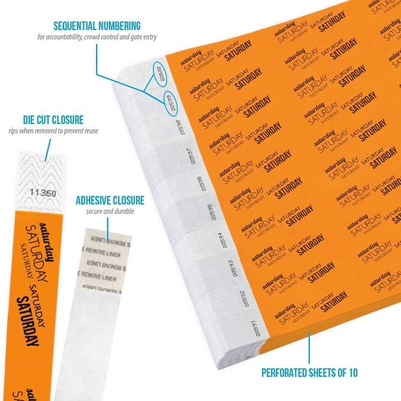 Product packaging with die cut closure, sequential numbering, durable adhesive closure, and perforated sheets of 10; shown in a neon orange tyvek wristband with black saturday text repeated