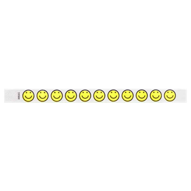 white tyvek Wristband with neon yellow smiley face designs outlined in black - flat version shown