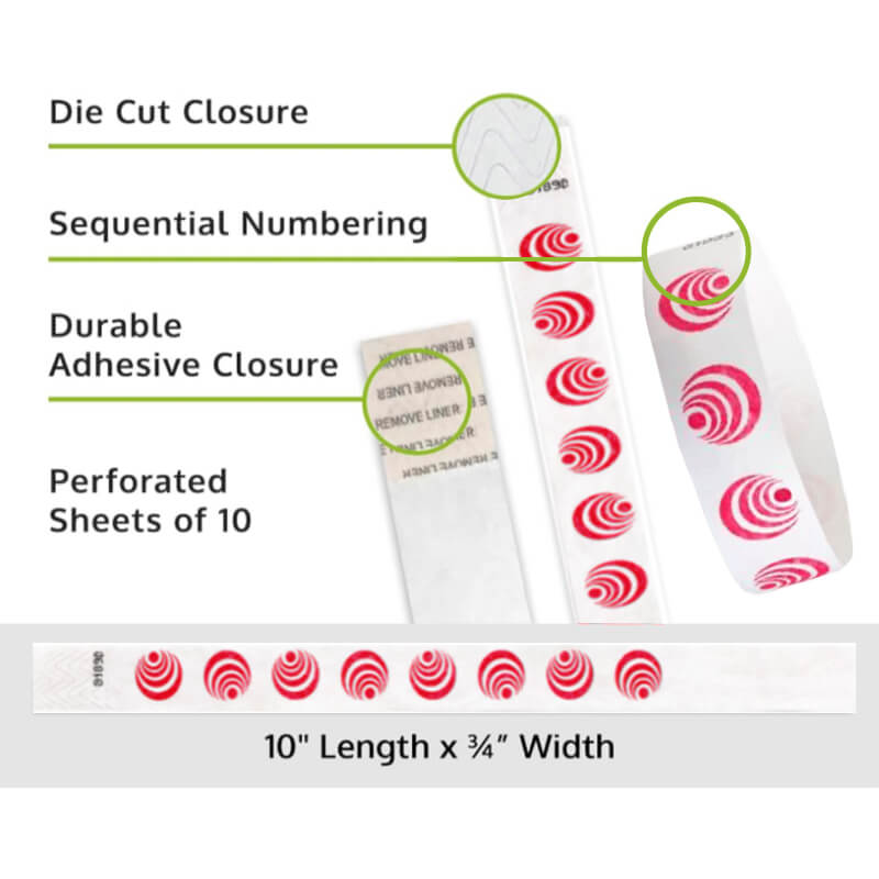 Product packaging with die cut closure, sequential numbering, durable adhesive closure, and perforated sheets of 10 shown with white tyvek wristbands and a neon red spinning circles pattern