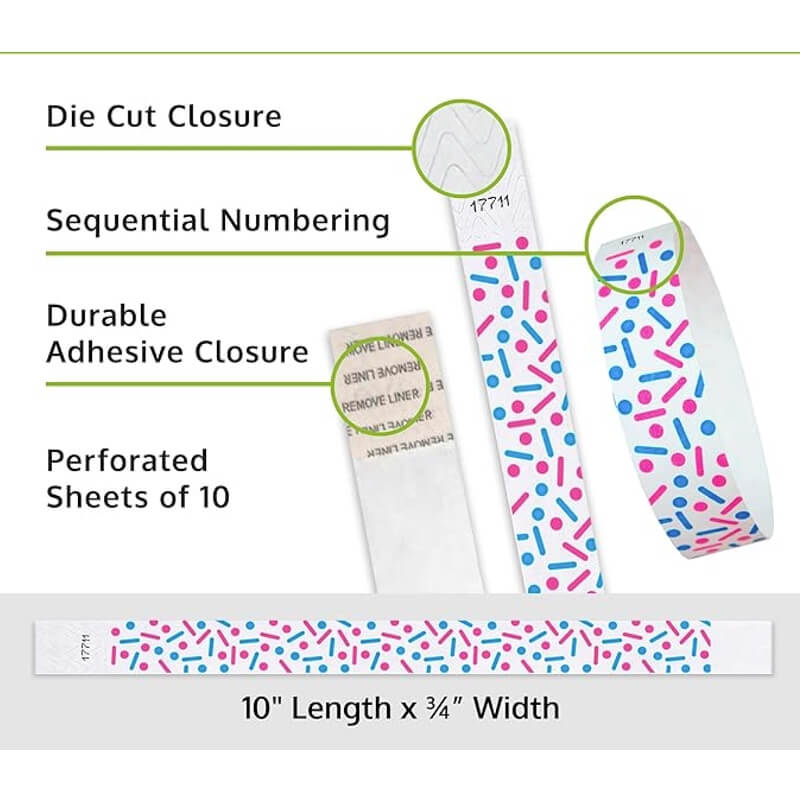sprinkles tyvek wristband detail product page showing the die cut adhesive closure, sequential numbering, perforated sheets of 10 and the dimensions.