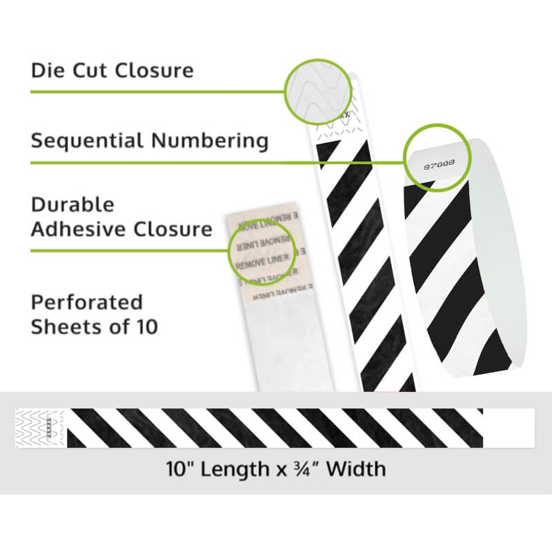 Product packaging with die cut closure, sequential numbering, durable adhesive closure, and perforated sheets of 10; shown with white tyvek wristbands and a black diagonal stripe pattern