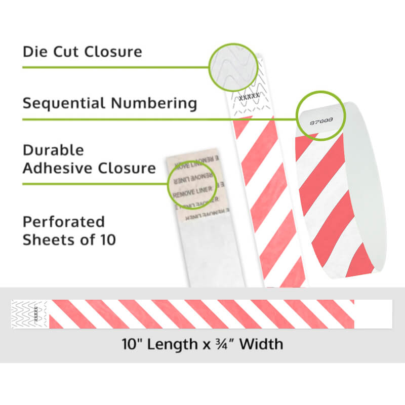 Product packaging with die cut closure, sequential numbering, durable adhesive closure, and perforated sheets of 10; shown with white tyvek wristbands and a coral red diagonal stripe pattern