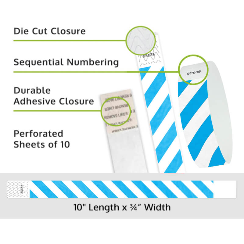 Product packaging with die cut closure, sequential numbering, durable adhesive closure, and perforated sheets of 10; shown with white tyvek wristbands and a neon blue diagonal stripe pattern