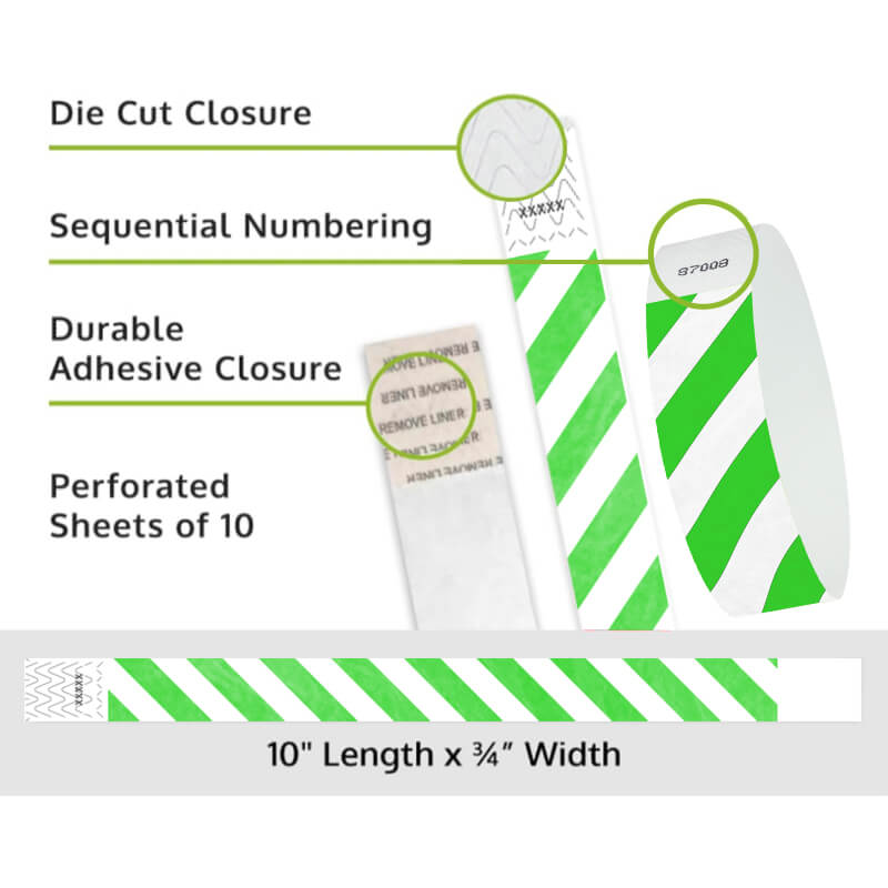 Product packaging with die cut closure, sequential numbering, durable adhesive closure, and perforated sheets of 10; shown with white tyvek wristbands and a neon green diagonal stripe pattern