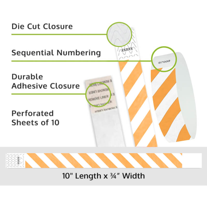 Product packaging with die cut closure, sequential numbering, durable adhesive closure, and perforated sheets of 10; shown with white tyvek wristbands and a neon orange diagonal stripe pattern
