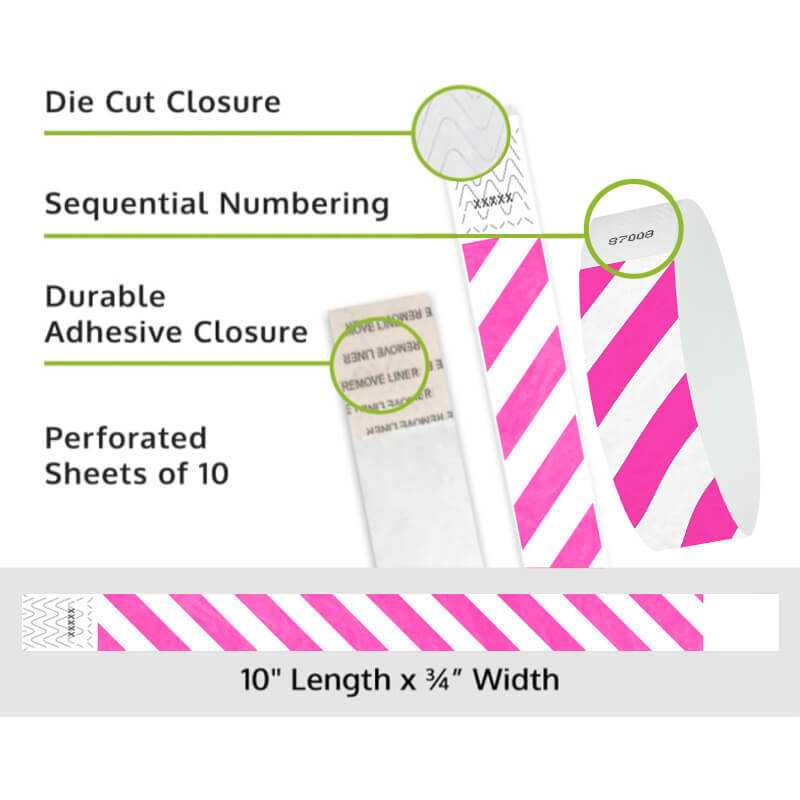 Product packaging with die cut closure, sequential numbering, durable adhesive closure, and perforated sheets of 10; shown with white tyvek wristbands and a neon pink diagonal stripe pattern