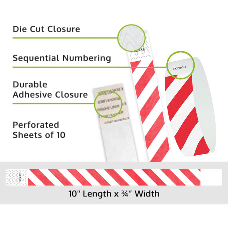 Product packaging with die cut closure, sequential numbering, durable adhesive closure, and perforated sheets of 10; shown with white tyvek wristbands and a neon red diagonal stripe pattern