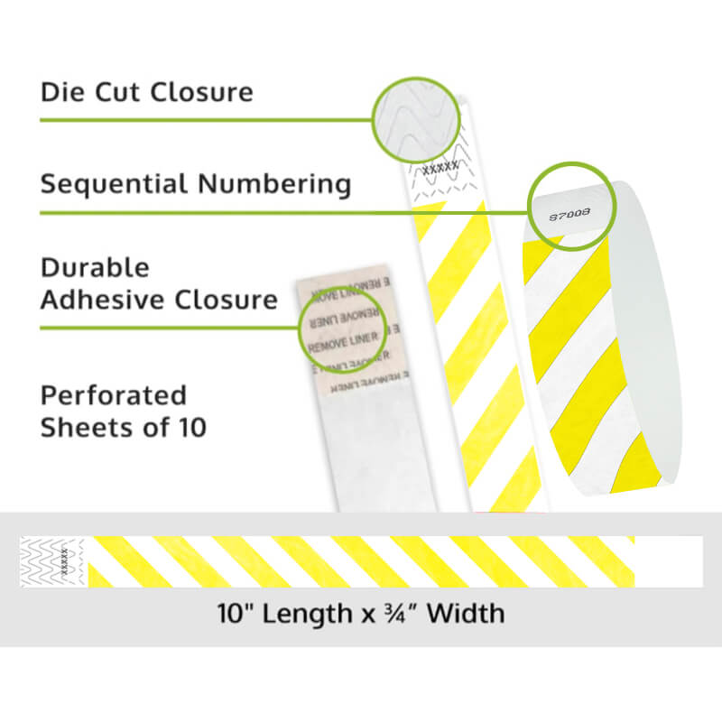 Product packaging with die cut closure, sequential numbering, durable adhesive closure, and perforated sheets of 10; shown with white tyvek wristbands and a neon yellow diagonal stripe pattern