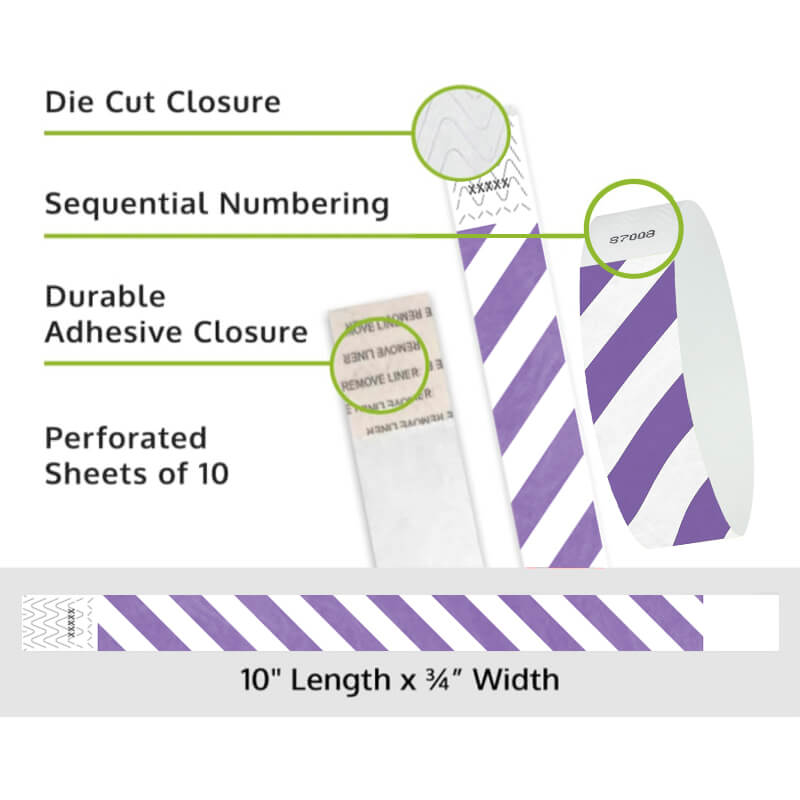Product packaging with die cut closure, sequential numbering, durable adhesive closure, and perforated sheets of 10; shown with white tyvek wristbands and a purple diagonal stripe pattern