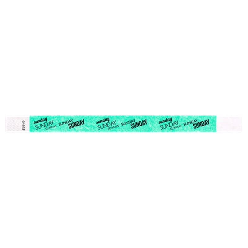 aqua tyvek wristband with sunday text in black ink repeated