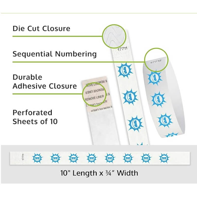 Product packaging with die cut closure, sequential numbering, durable adhesive closure, and perforated sheets of 10; shown with a white tyvek wristbands with neon blue sun pattern