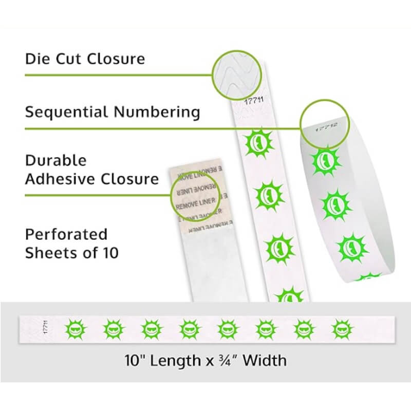Product packaging with die cut closure, sequential numbering, durable adhesive closure, and perforated sheets of 10; shown with a white tyvek wristbands with neon green sun pattern