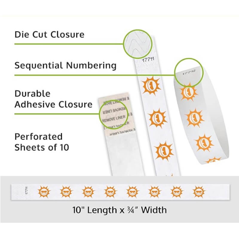 Product packaging with die cut closure, sequential numbering, durable adhesive closure, and perforated sheets of 10; shown with a white tyvek wristbands with neon orange sun pattern