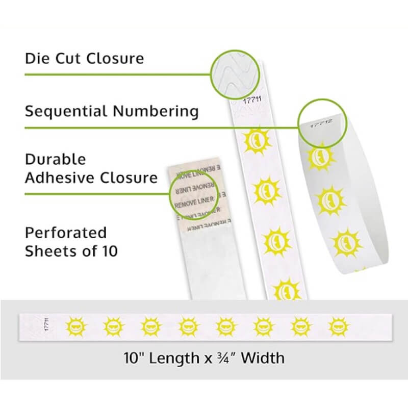 Product packaging with die cut closure, sequential numbering, durable adhesive closure, and perforated sheets of 10; shown with a white tyvek wristbands with pantone yellow sun pattern
