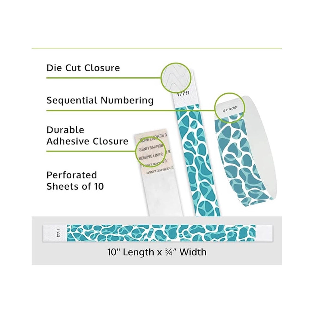 swimming pool tyvek wristband detail product page showing the die cut adhesive closure, sequential numbering, perforated sheets of 10 and the dimensions.