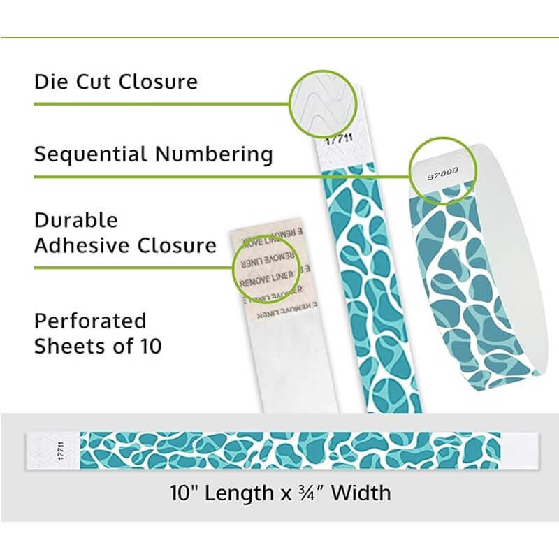 swimming pool tyvek wristband detail product page showing the die cut adhesive closure, sequential numbering, perforated sheets of 10 and the dimensions.