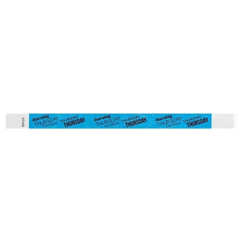 neon blue tyvek wristband with thursday text in black ink repeated