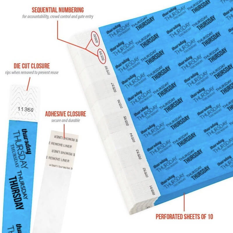 Product packaging with die cut closure, sequential numbering, durable adhesive closure, and perforated sheets of 10; shown in a neon blue tyvek wristband with black thursday text repeated