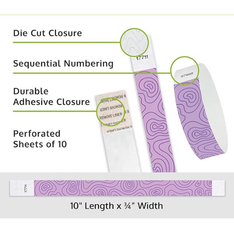 Product packaging with die cut closure, sequential numbering, durable adhesive closure, and perforated sheets of 10; shown with a berry tyvek wristband with a purple topographical map pattern