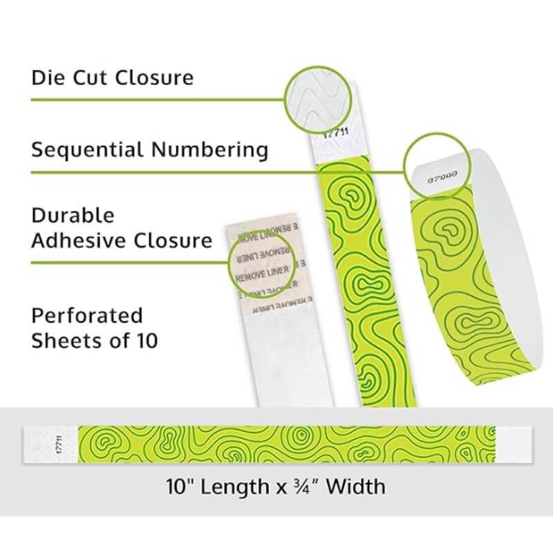 Product packaging with die cut closure, sequential numbering, durable adhesive closure, and perforated sheets of 10; shown with a lime green tyvek wristband with a kelly green topographical map pattern