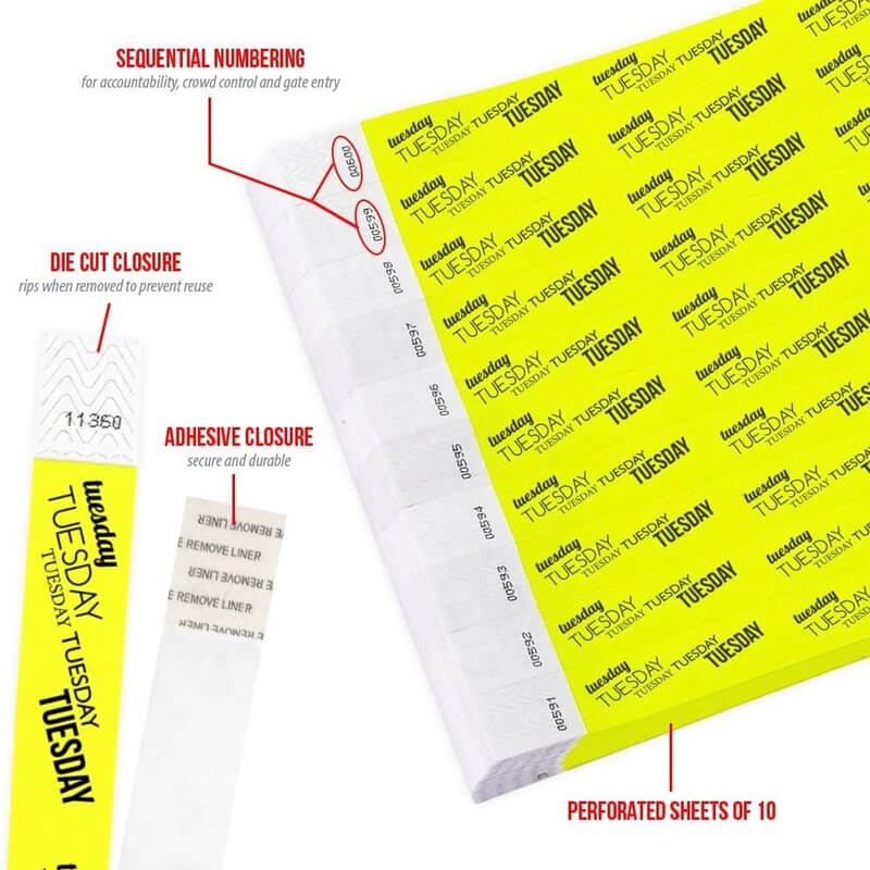 Product packaging with die cut closure, sequential numbering, durable adhesive closure, and perforated sheets of 10; shown in a neon yellow tyvek wristband with black tuesday text repeated