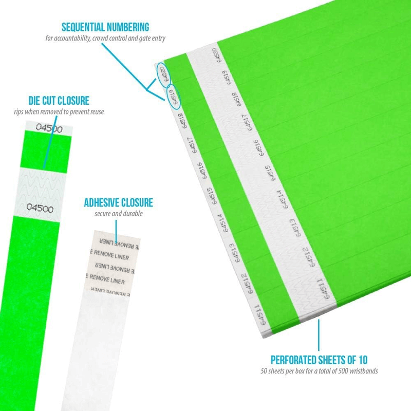 tyvek 1" detachable stub wristbands information sheet showing diecut adhesive closure, stub and sequential numbers in neon green