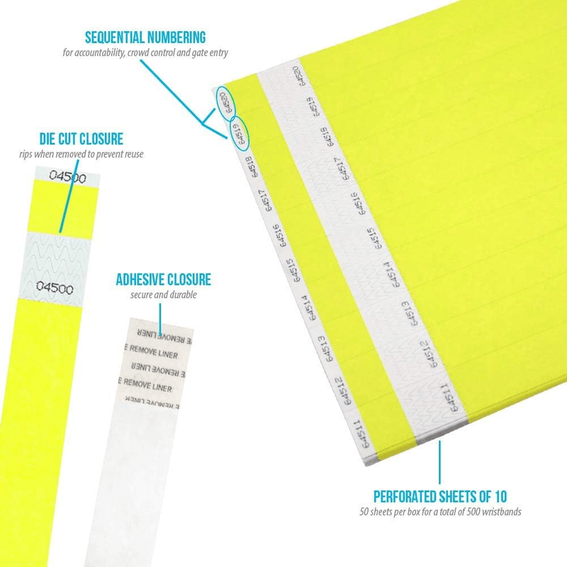 tyvek 1" detachable stub wristbands information sheet showing diecut adhesive closure, stub and sequential numbers in neon yellow