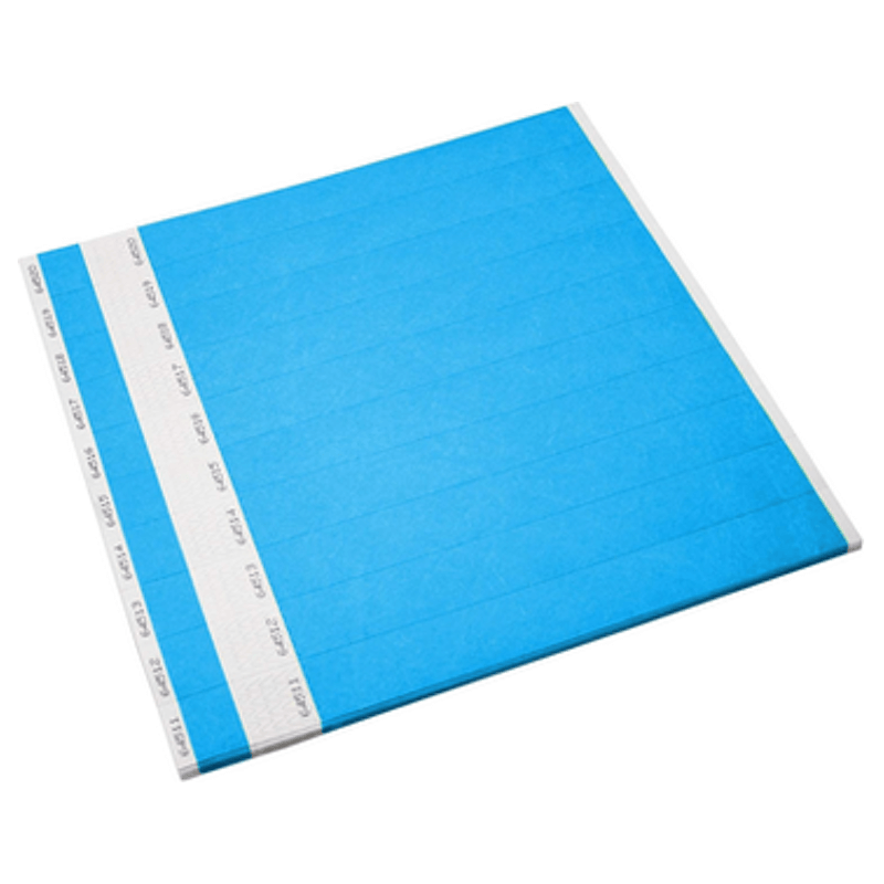 tyvek 1" detachable stub wristbands shown in neon blue sheets