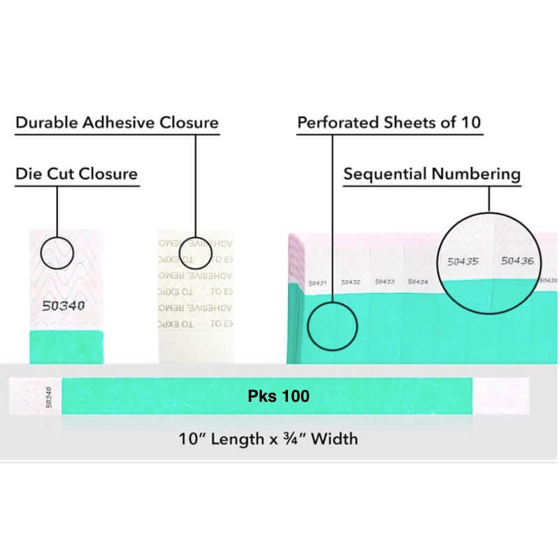 Diagram of packaging features including durable adhesive closure, die cut closure, perforated sheets, sequential numbering, and packaging details. shown on tyvek 3/4" wristband solid aqua pks 100
