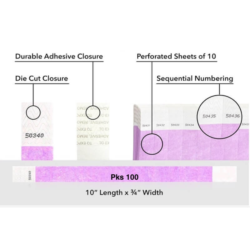 Diagram of packaging features including durable adhesive closure, die cut closure, perforated sheets, sequential numbering, and packaging details. shown on tyvek 3/4" wristband solid berry pks 100