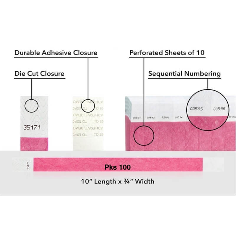 Diagram of packaging features including durable adhesive closure, die cut closure, perforated sheets, sequential numbering, and packaging details. shown on tyvek 3/4" wristband solid cranberry pks 100