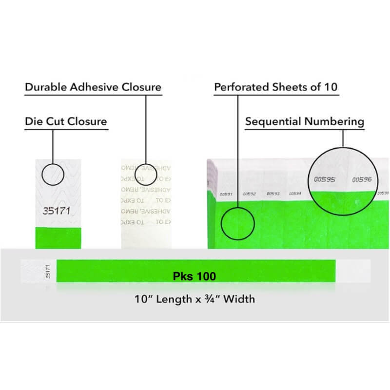 Diagram of packaging features including durable adhesive closure, die cut closure, perforated sheets, sequential numbering, and packaging details. shown on tyvek 3/4" wristband solid neon green pks 100