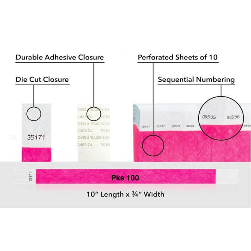 Diagram of packaging features including durable adhesive closure, die cut closure, perforated sheets, sequential numbering, and packaging details. shown on tyvek 3/4" wristband solid neon pink pks 100