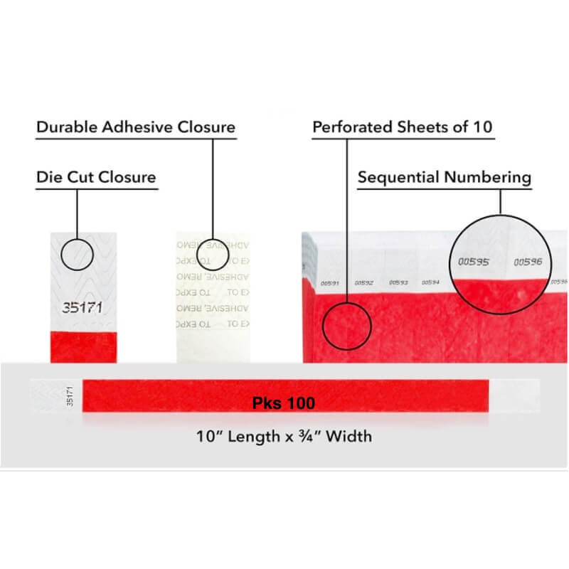 Diagram of packaging features including durable adhesive closure, die cut closure, perforated sheets, sequential numbering, and packaging details. shown on tyvek 3/4" wristband solid neon red pks 100