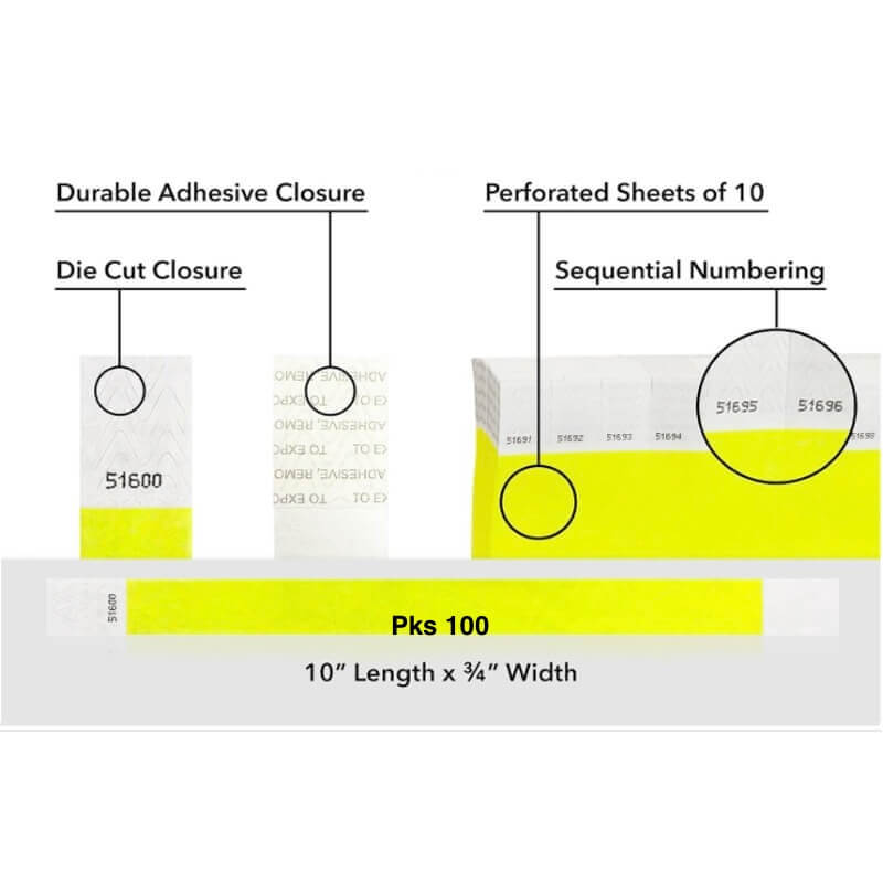 Diagram of packaging features including durable adhesive closure, die cut closure, perforated sheets, sequential numbering, and packaging details. shown on tyvek 3/4" wristband solid neon yellow pks 100