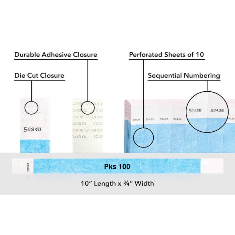 Diagram of packaging features including durable adhesive closure, die cut closure, perforated sheets, sequential numbering, and packaging details. shown on tyvek 3/4" wristband solid sky blue pks 100