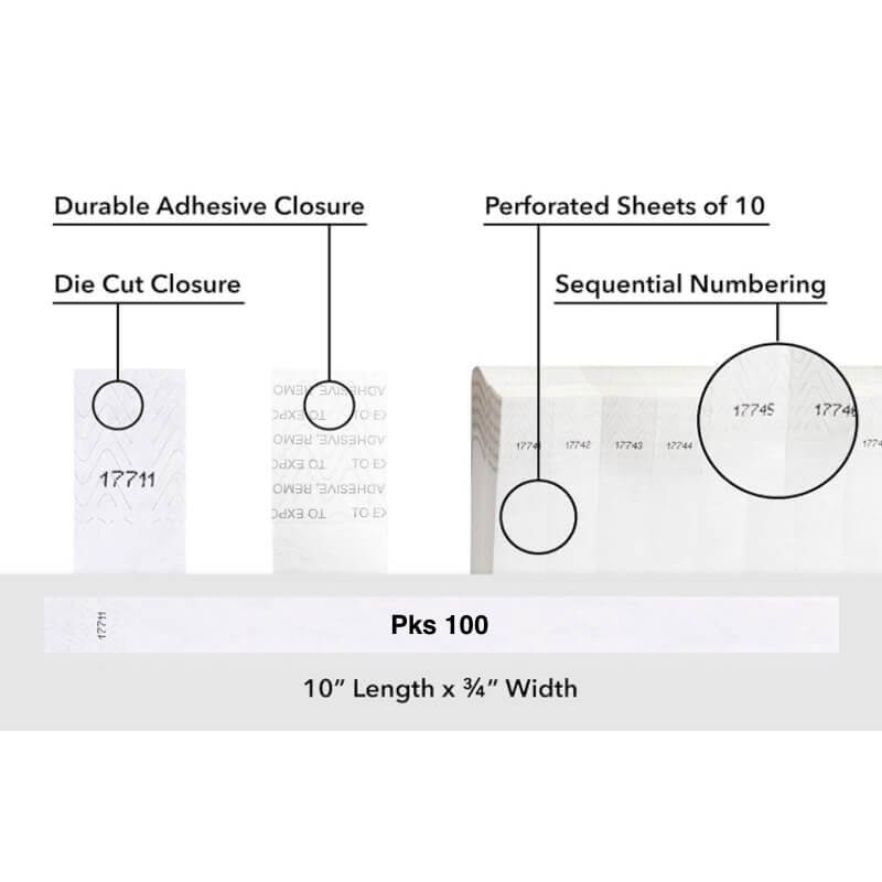 Diagram of packaging features including durable adhesive closure, die cut closure, perforated sheets, sequential numbering, and packaging details. shown on tyvek 3/4" wristband solid white pks 100
