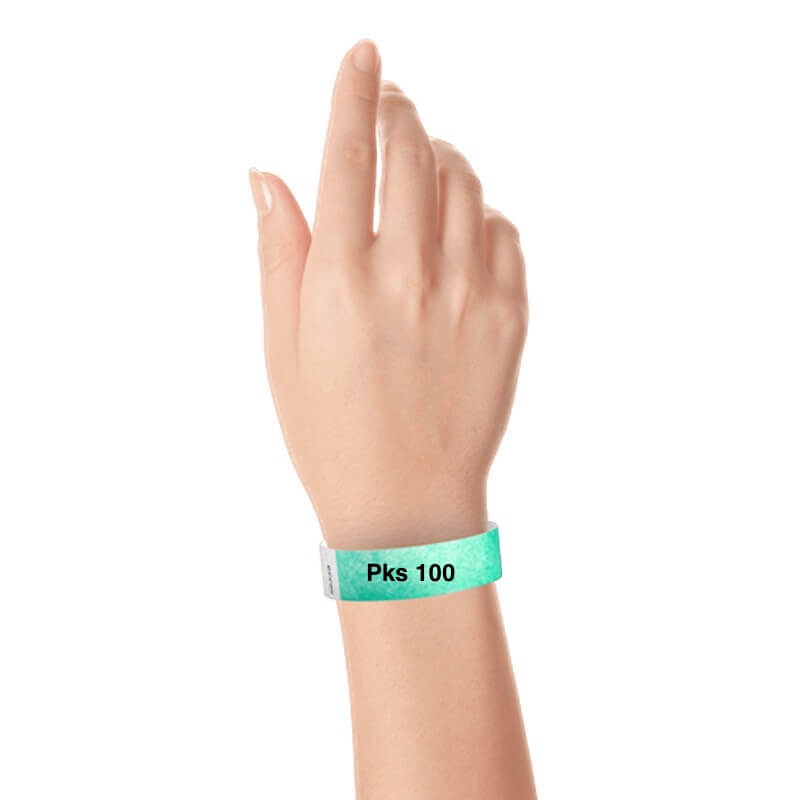 a hand wearing tyvek 3/4" wristband solid aqua pks 100