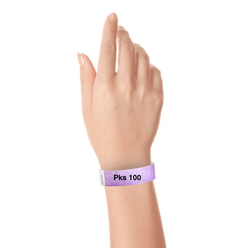 a hand wearing tyvek 3/4" wristband solid berry pks 100