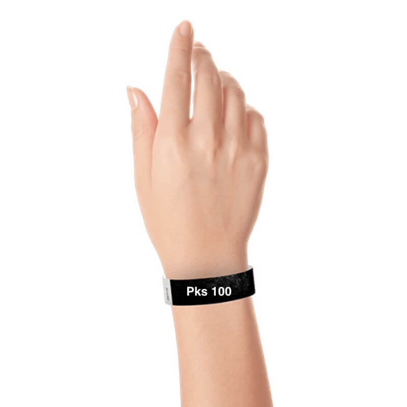 a hand wearing tyvek 3/4" wristband solid black pks 100